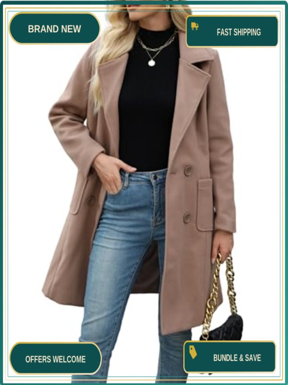Women's Wool Blend Pea Coat Double-Breasted Notch Lapel Winter Coat